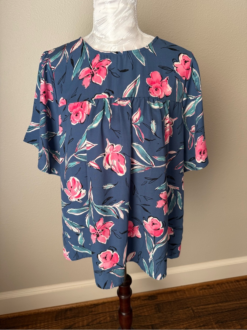 Floral Blue & Pink Short Sleeve Blouse